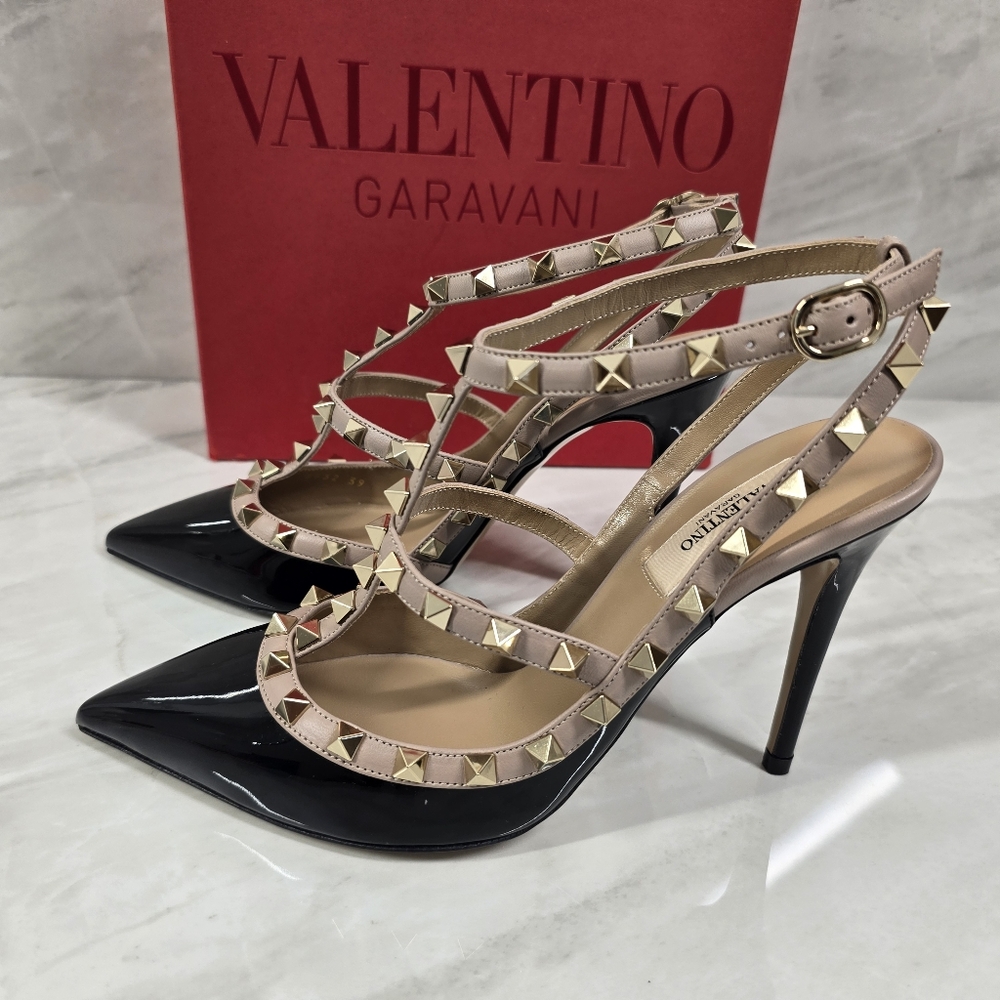 Valentino Garavani Rockstud Black and Tan Women's Shoes - Picture 5 of 12